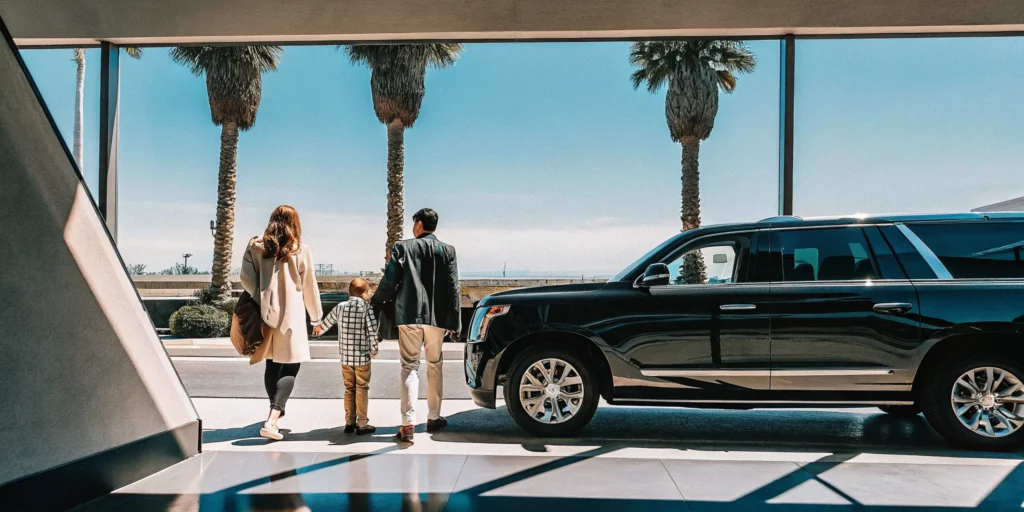 Family preparing for an airport transfer in a spacious SUV