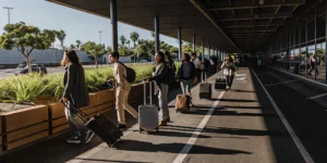 Group of travelers with luggage outside LAX airport ready for a van shuttle to Disneyland