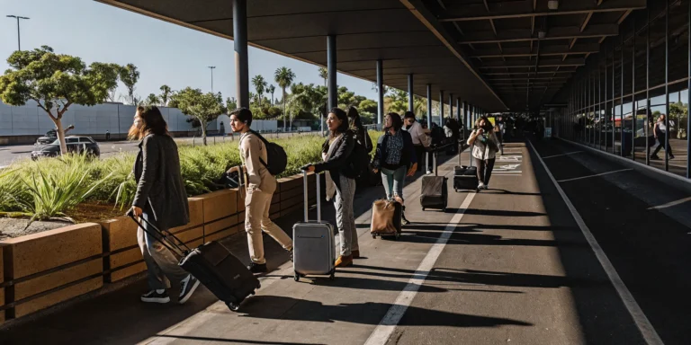Group of travelers with luggage outside LAX airport ready for a van shuttle to Disneyland