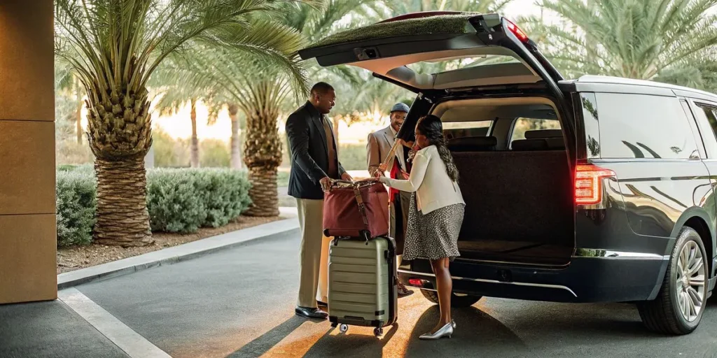 Private black SUV shuttle picking up a family with luggage near Disneyland entrance at dusk