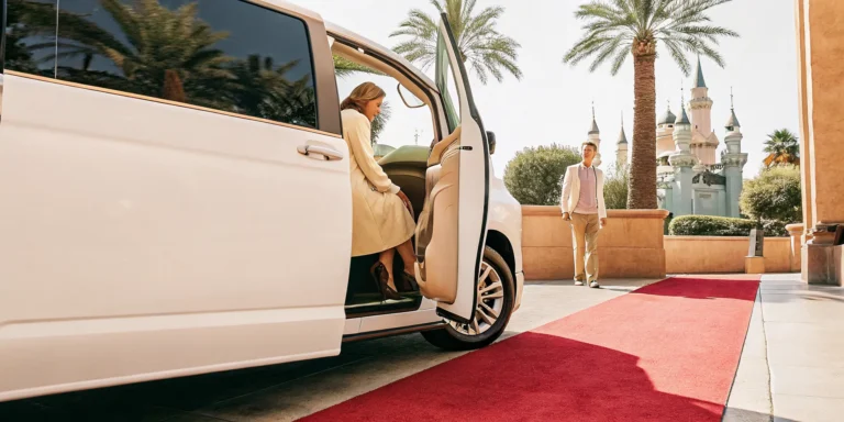 Private shuttle van parked at Disneyland entrance in Anaheim with professional chauffeur assisting a family group