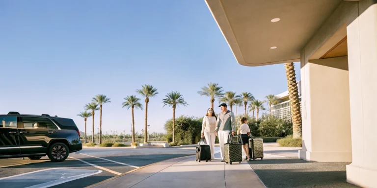 Family with luggage outside a Disneyland hotel with private shuttle van waiting