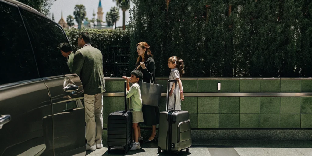 Family with luggage at LAX choosing between rental car counter and private shuttle van for Disneyland trip