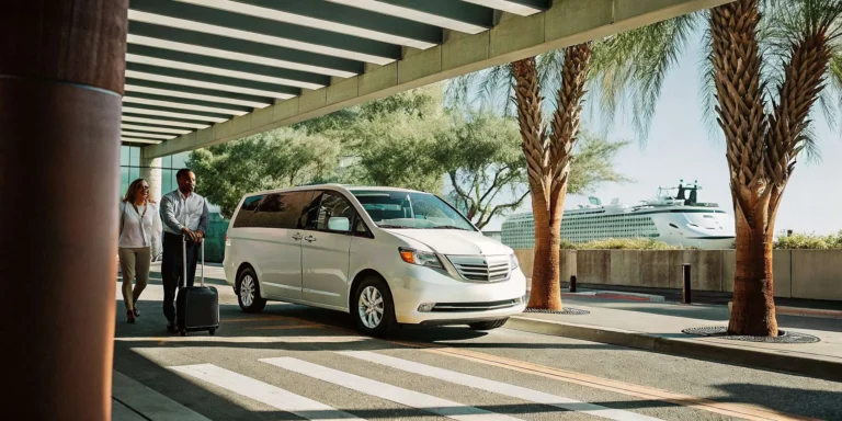 Private van shuttle at Long Beach cruise terminal with cruise ship in background