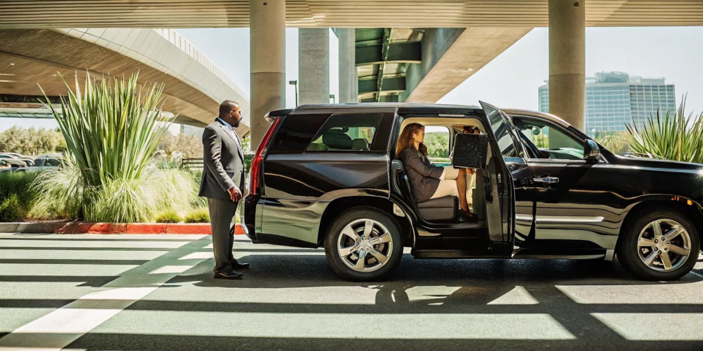 Black private shuttle SUV at LAX airport terminal curbside pickup