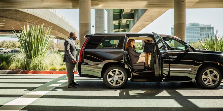 Black private shuttle SUV at LAX airport terminal curbside pickup