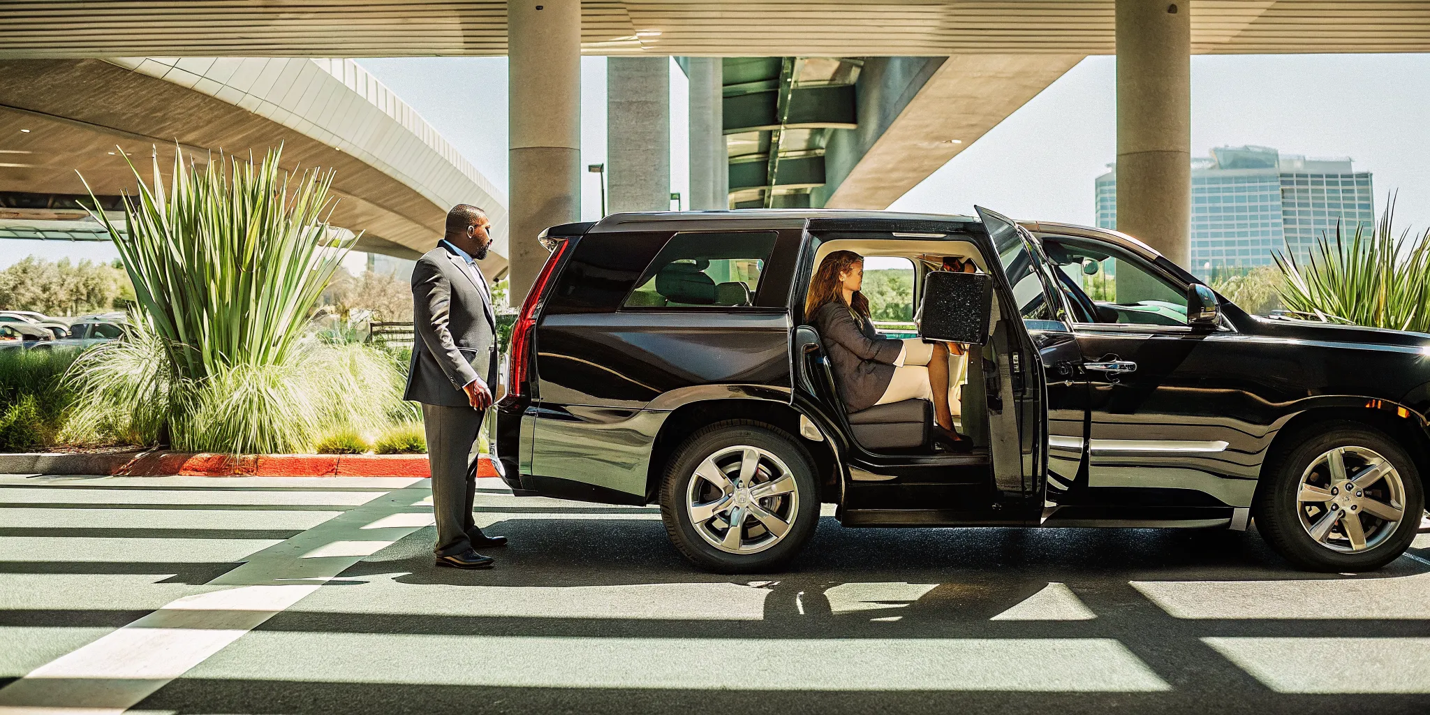 Black private shuttle SUV at LAX airport terminal curbside pickup
