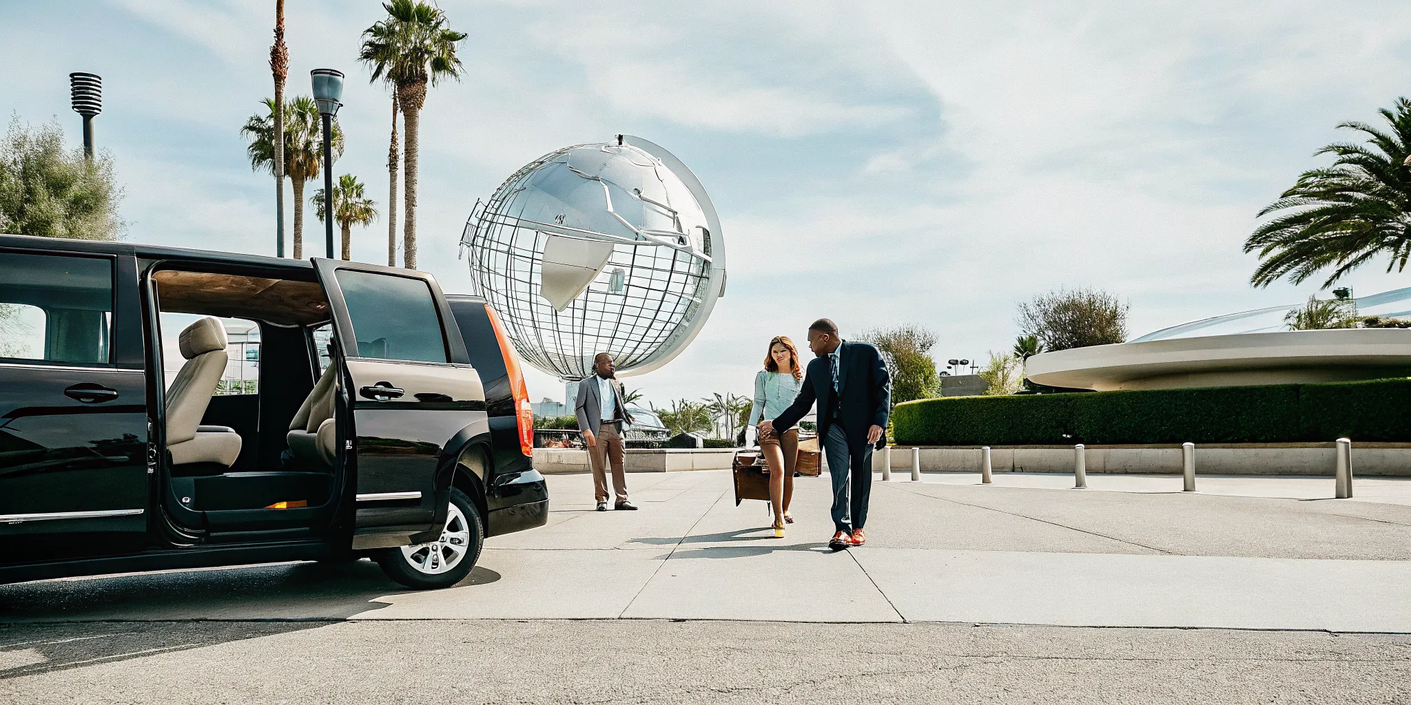Private shuttle van outside Universal Studios Hollywood entrance ready for LAX return trip