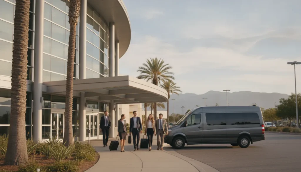 Corporate group arriving by private shuttle at a Southern California convention center