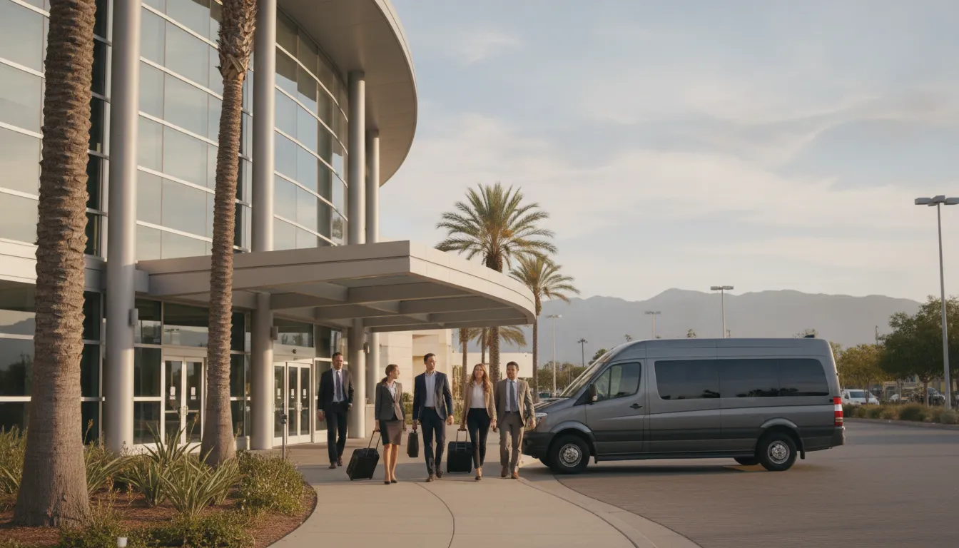 Corporate group arriving by private shuttle at a Southern California convention center