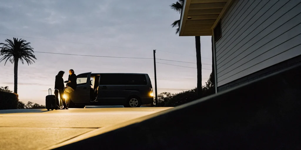 Private shuttle van picking up a traveler before dawn in Los Angeles for an early LAX flight