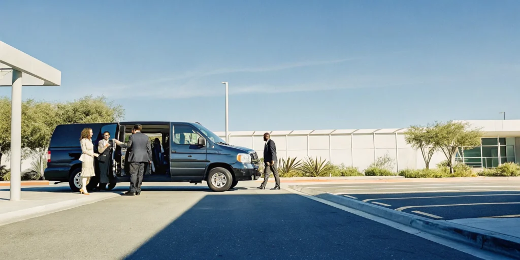 Private shuttle van at LAX terminal with group travelers and luggage