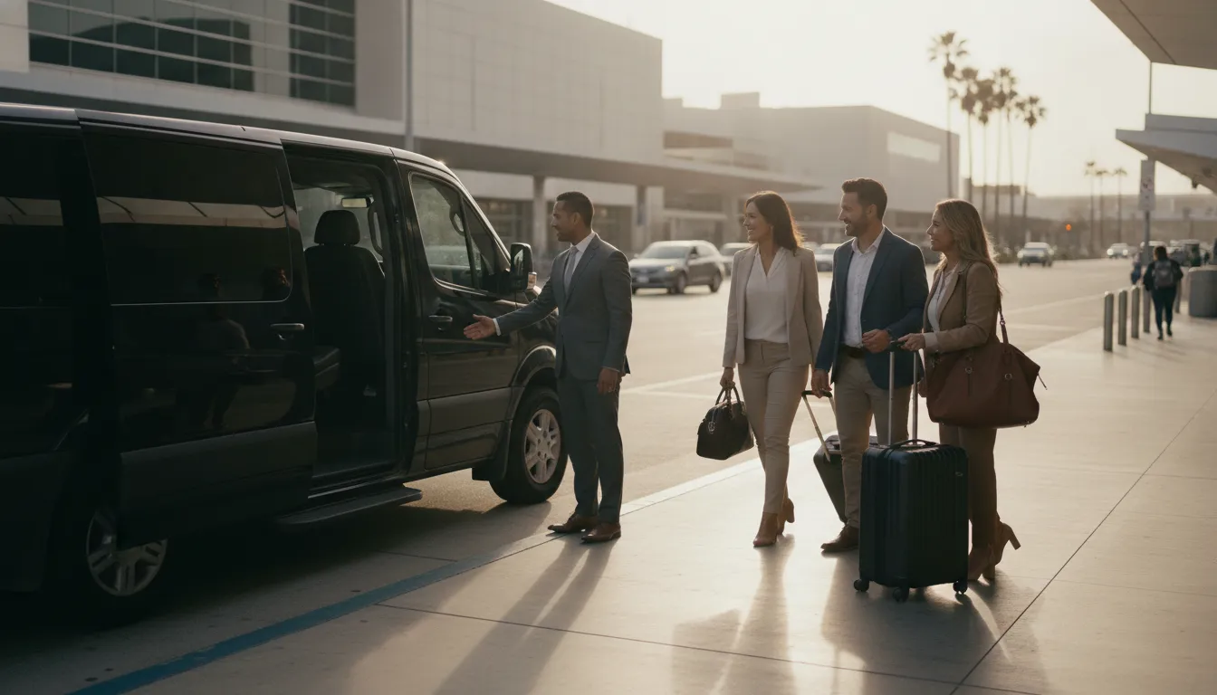 Private passenger van meeting a group of travelers with luggage at LAX