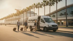 Private van arriving at the Long Beach cruise port with cruise passengers