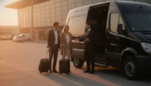 Private black van shuttle waiting for travelers at LAX airport pickup curb