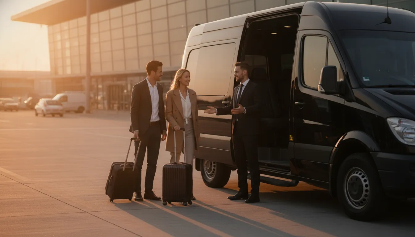 Private black van shuttle waiting for travelers at LAX airport pickup curb