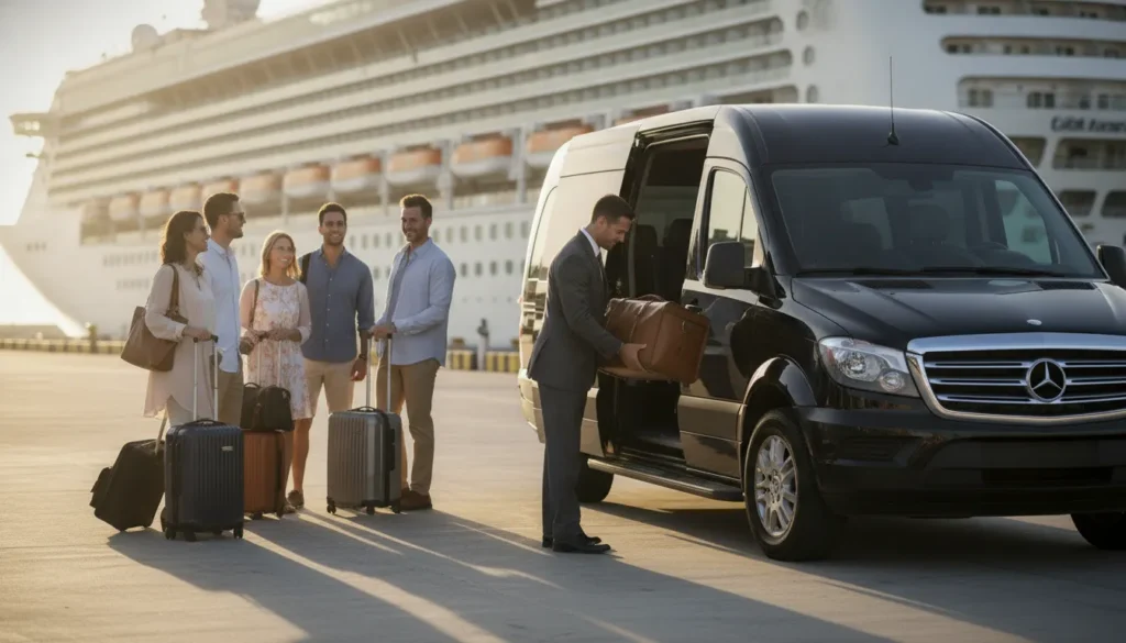 Private shuttle van with cruise passengers and luggage at the Long Beach cruise terminal