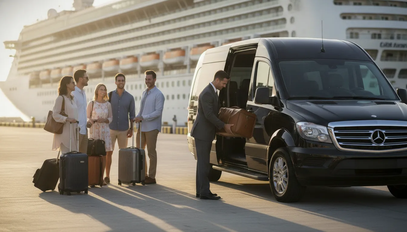 Private shuttle van with cruise passengers and luggage at the Long Beach cruise terminal