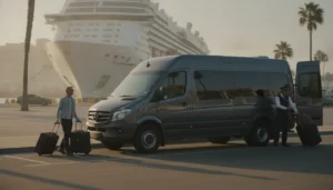 Private shuttle van arriving at the San Pedro World Cruise Center