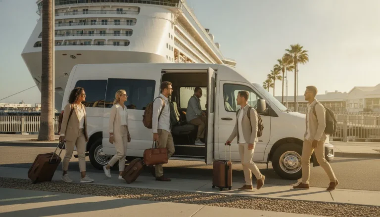 Private shuttle van waiting to transfer cruise passengers and luggage from Long Beach cruise terminal to LAX