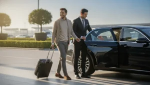 Professional chauffeur opening the door of a black sedan for a traveler with luggage at a busy airport curb