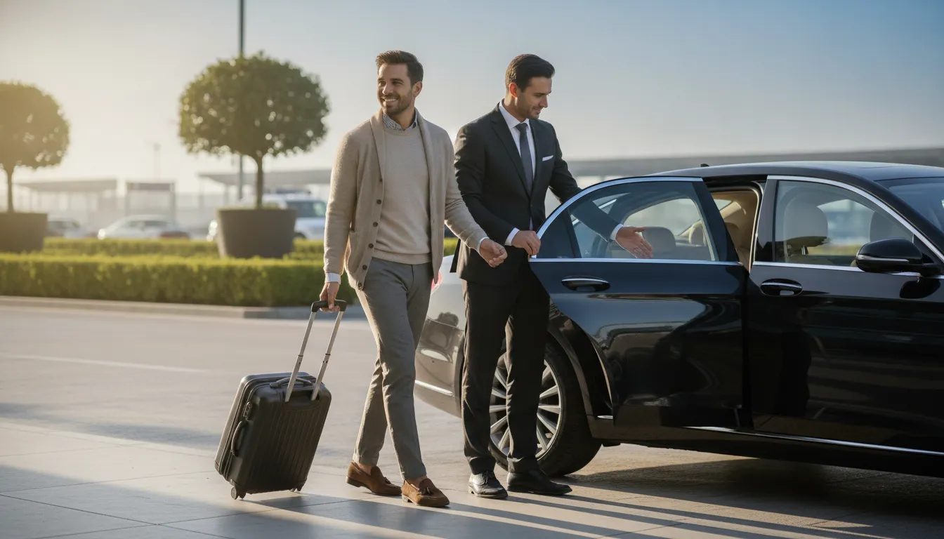Professional chauffeur opening the door of a black sedan for a traveler with luggage at a busy airport curb