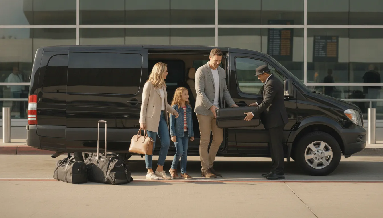 A chauffeur assists a family with luggage boarding a private shuttle van at LAX
