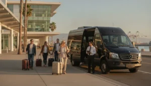 Cruise passengers with luggage meeting a private van near the San Pedro World Cruise Center