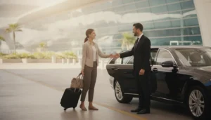 Professional chauffeur greeting a traveler with luggage curbside at LAX for a private door-to-door shuttle ride