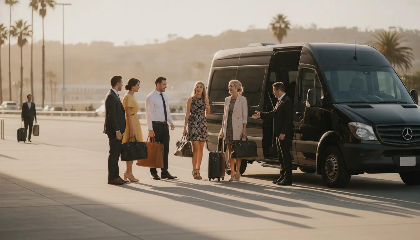 Wedding guests with luggage preparing for a private airport transfer at LAX