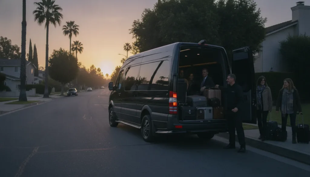 Private passenger van departing Burbank with travelers and luggage for an airport trip