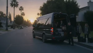 Private passenger van departing Burbank with travelers and luggage for an airport trip