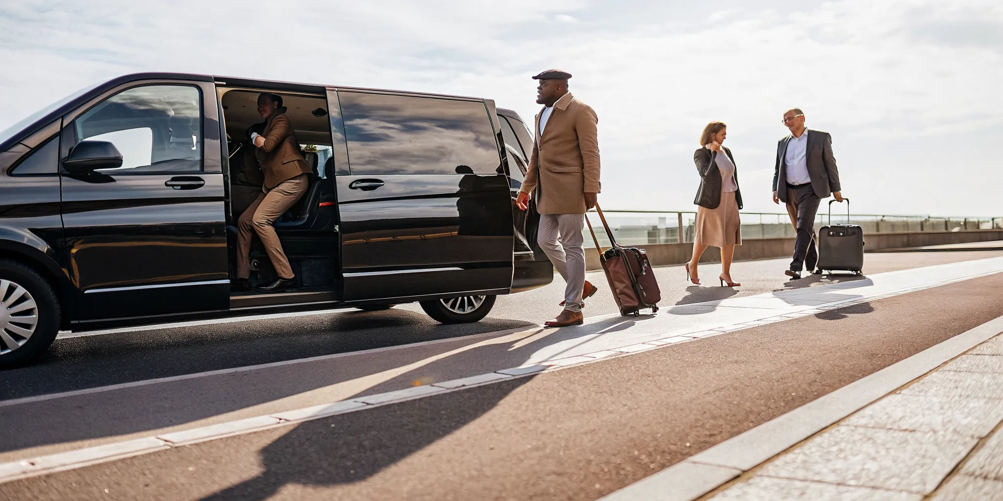 Chauffeur opening the door of a private passenger van for corporate business travelers at the airport