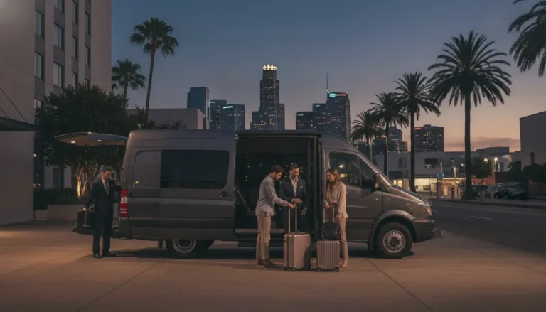 Downtown LA to LAX private van service with a passenger van and luggage outside a DTLA hotel