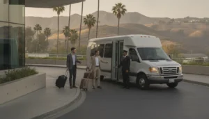 Private shuttle preparing to take travelers from a Hollywood hotel to LAX