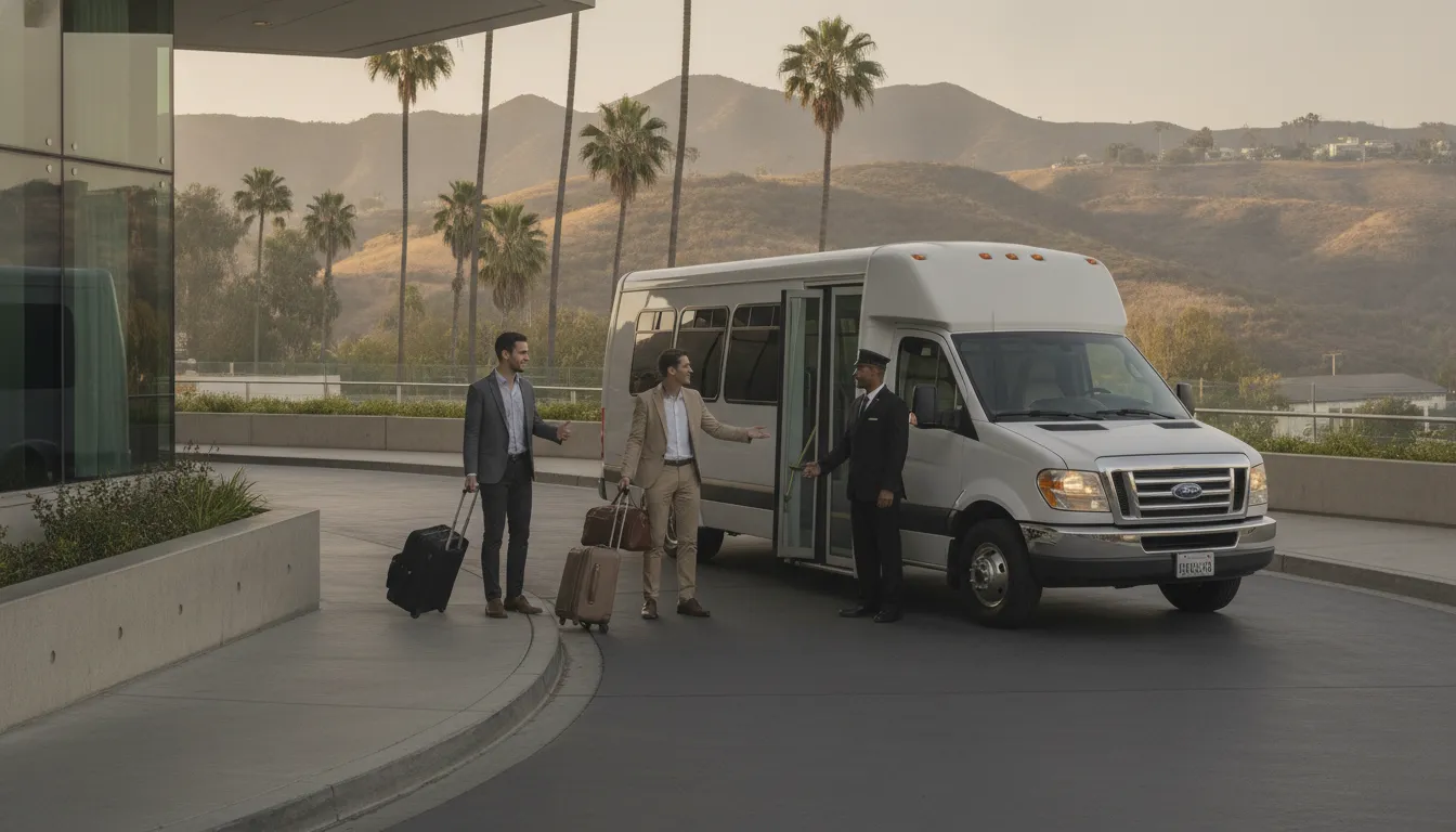 Private shuttle preparing to take travelers from a Hollywood hotel to LAX
