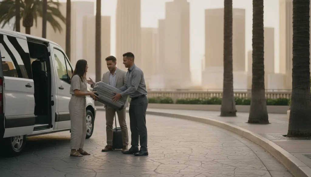 Private van helping travelers with luggage on a Downtown Los Angeles airport transfer