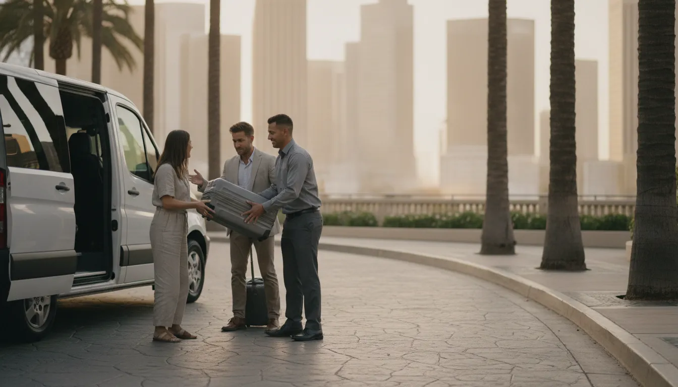 Private van helping travelers with luggage on a Downtown Los Angeles airport transfer