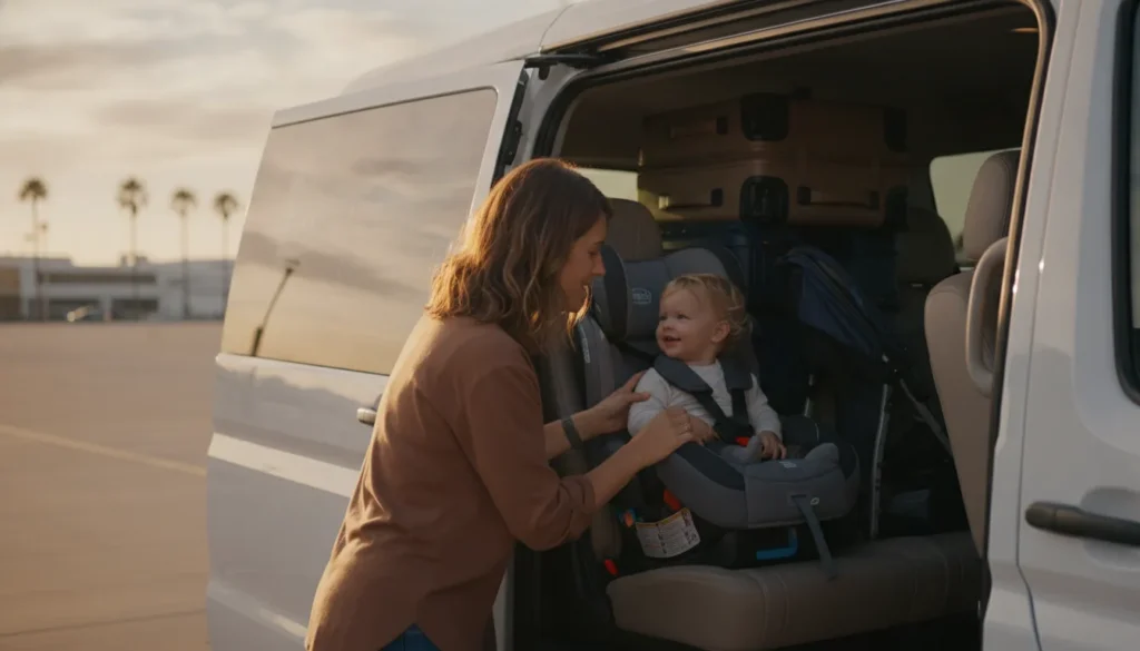 Parent securing a child in a car seat inside a private airport shuttle