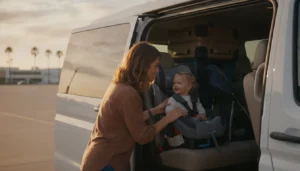 Parent securing a child in a car seat inside a private airport shuttle
