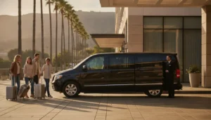 Private LAX to Hollywood shuttle van arriving at a Hollywood hotel