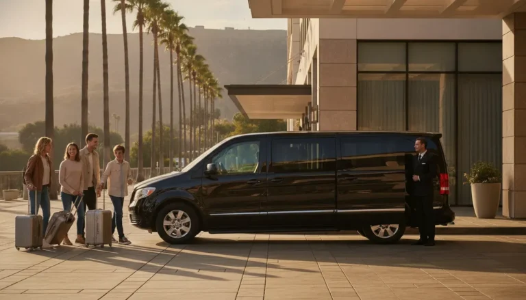 Private LAX to Hollywood shuttle van arriving at a Hollywood hotel