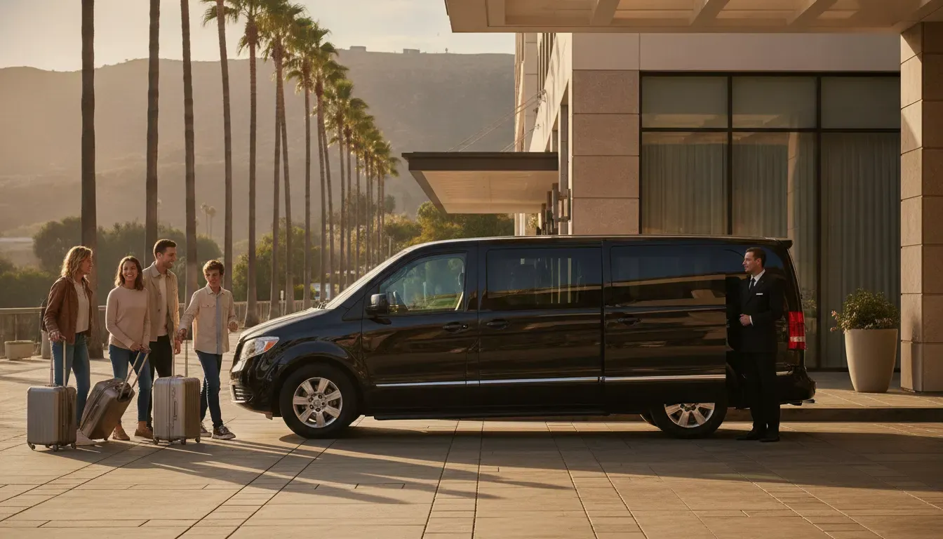 Private LAX to Hollywood shuttle van arriving at a Hollywood hotel