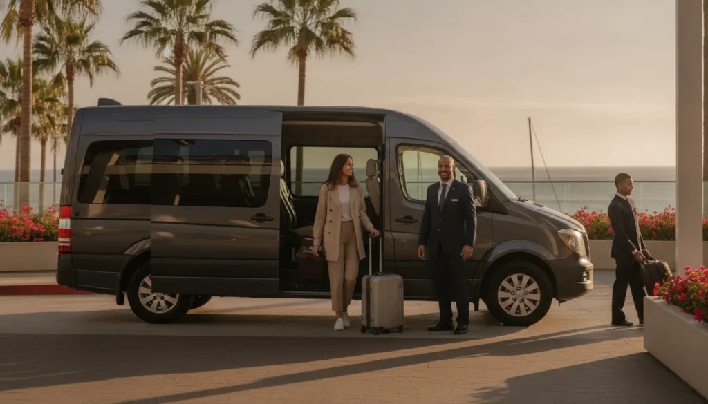 Private passenger van arriving with travelers and luggage near Long Beach