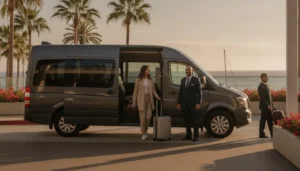 Private passenger van arriving with travelers and luggage near Long Beach