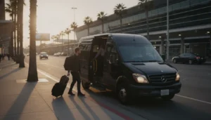 Private LAX to Pasadena shuttle service meeting a traveler with luggage at arrivals