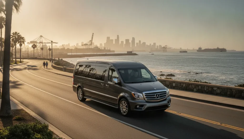 Private shuttle van near the San Pedro waterfront in Los Angeles