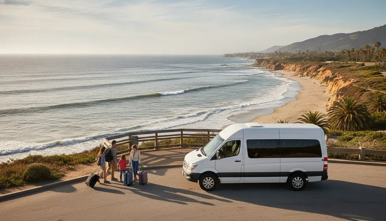Private beach shuttle van carrying travelers from LAX to the Southern California coast