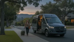 Private van waiting for a Pasadena to LAX airport transfer before sunrise