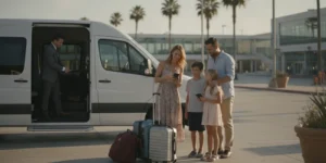 Private passenger van waiting near an airport curb as travelers prepare for a planned stop